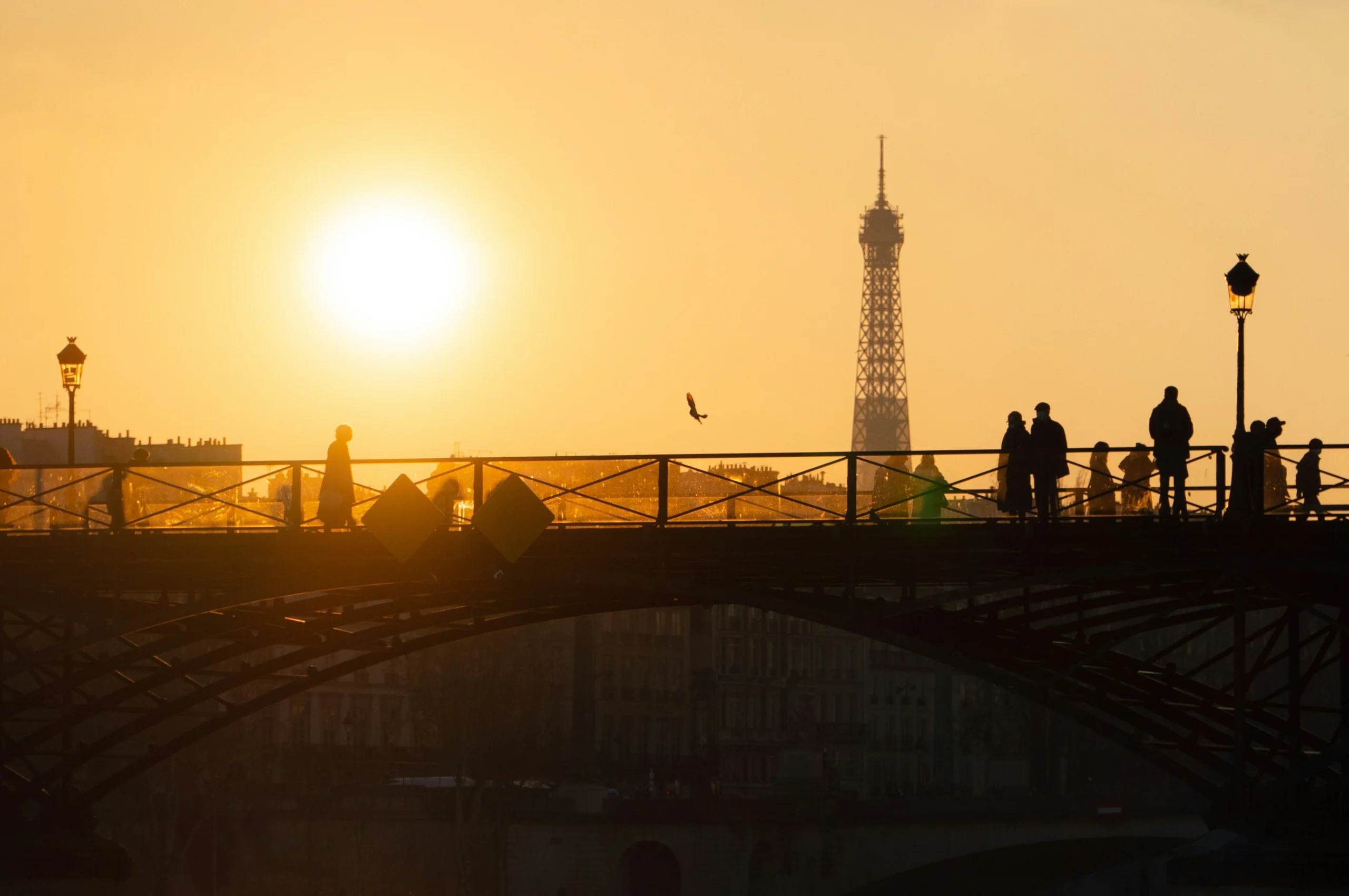 Silhouette of people near the River Seine in Paris during sunset