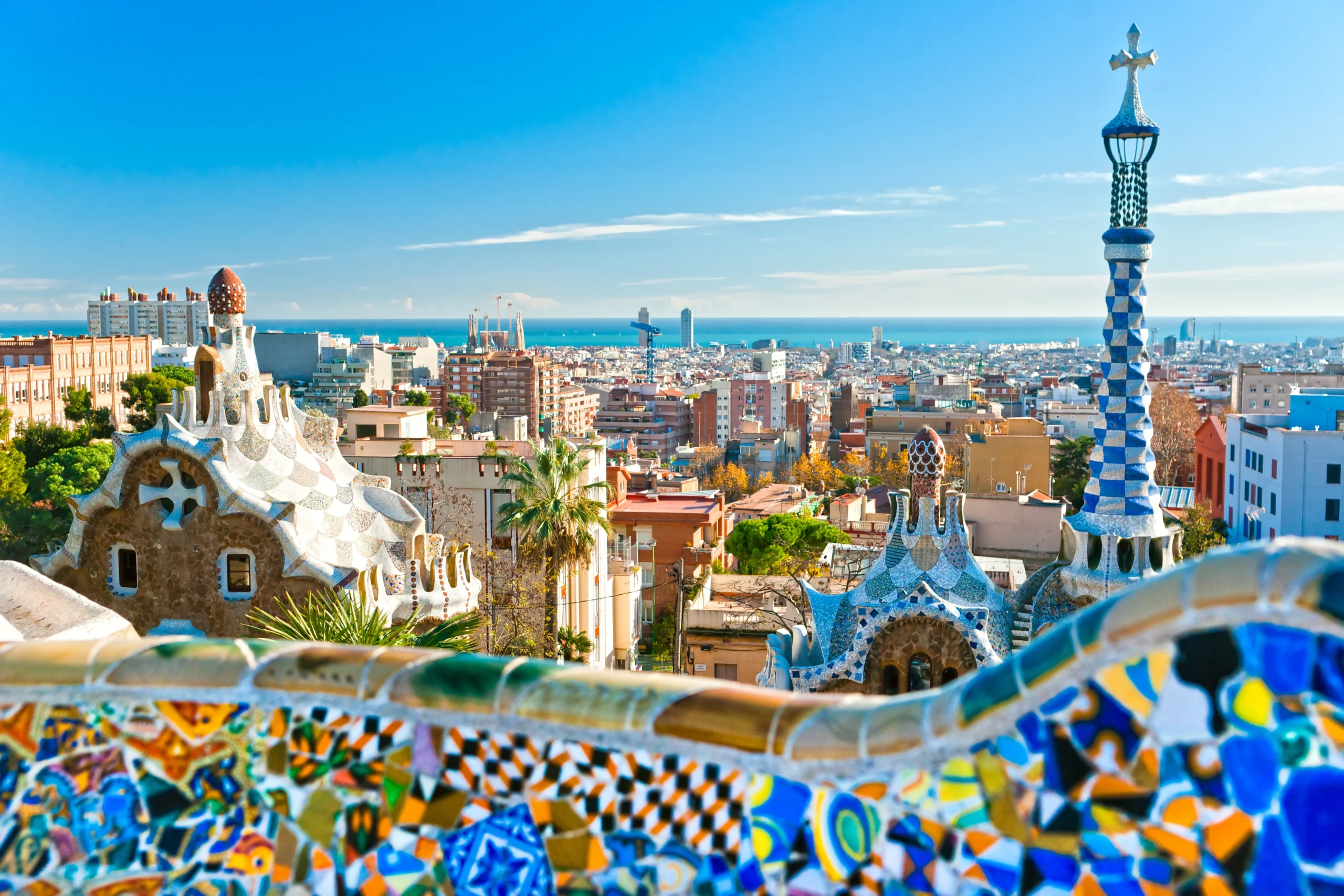 Overlook of colorful Park Guell by Antoni Gaudi