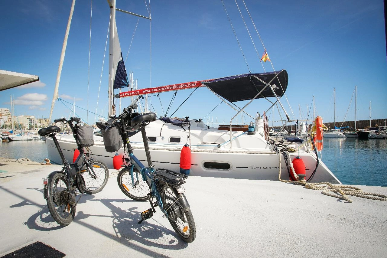 View of bikes and yacht in Alella
