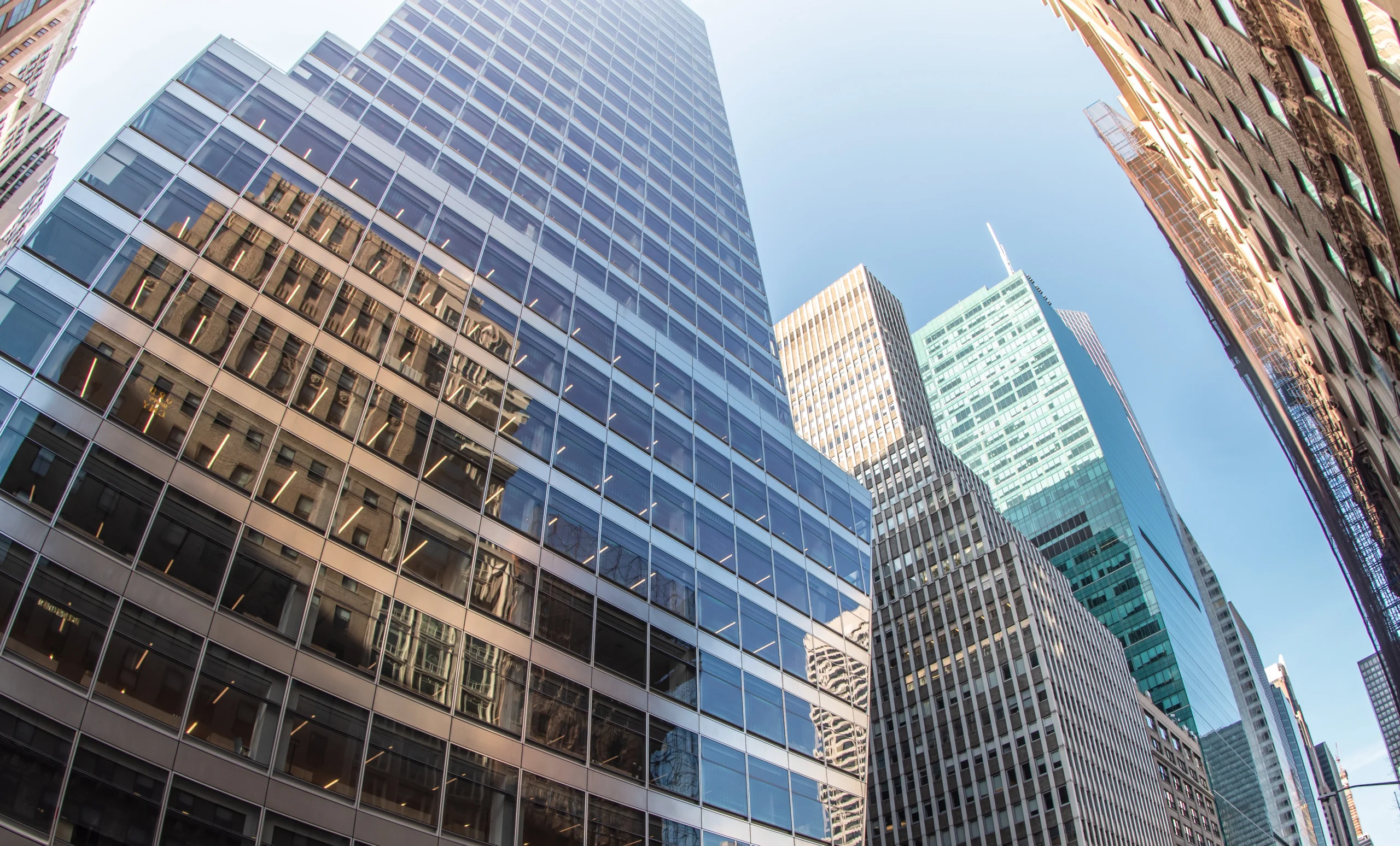Wide angle upward view of Buildings and trees near Bryant Park in NYC