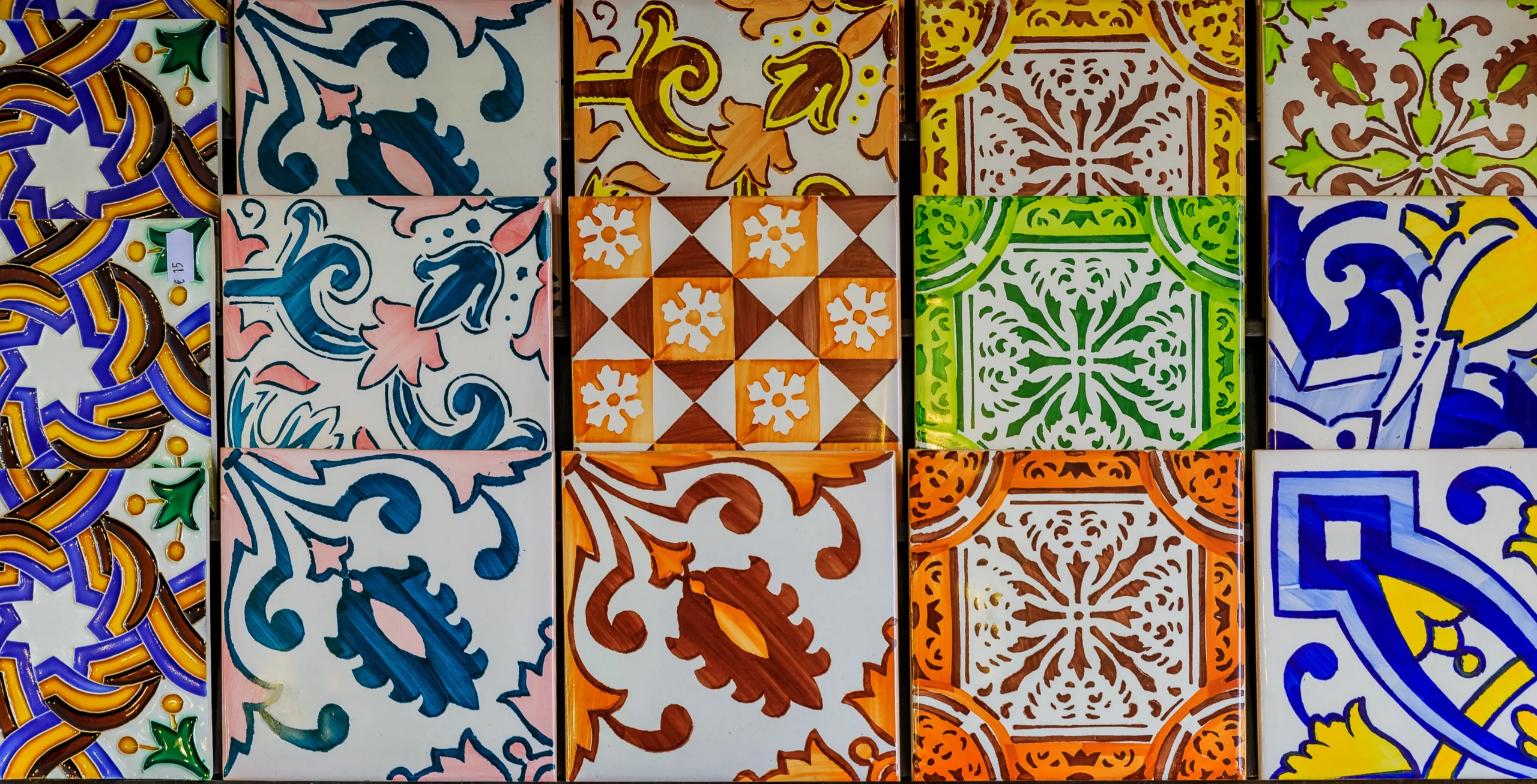 Detail of old traditional ornate Portuguese decorative azulejo tiles on display#