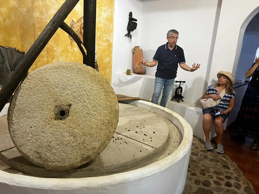 Guide and guests in the mill during premium Olive Oil experience in Seville