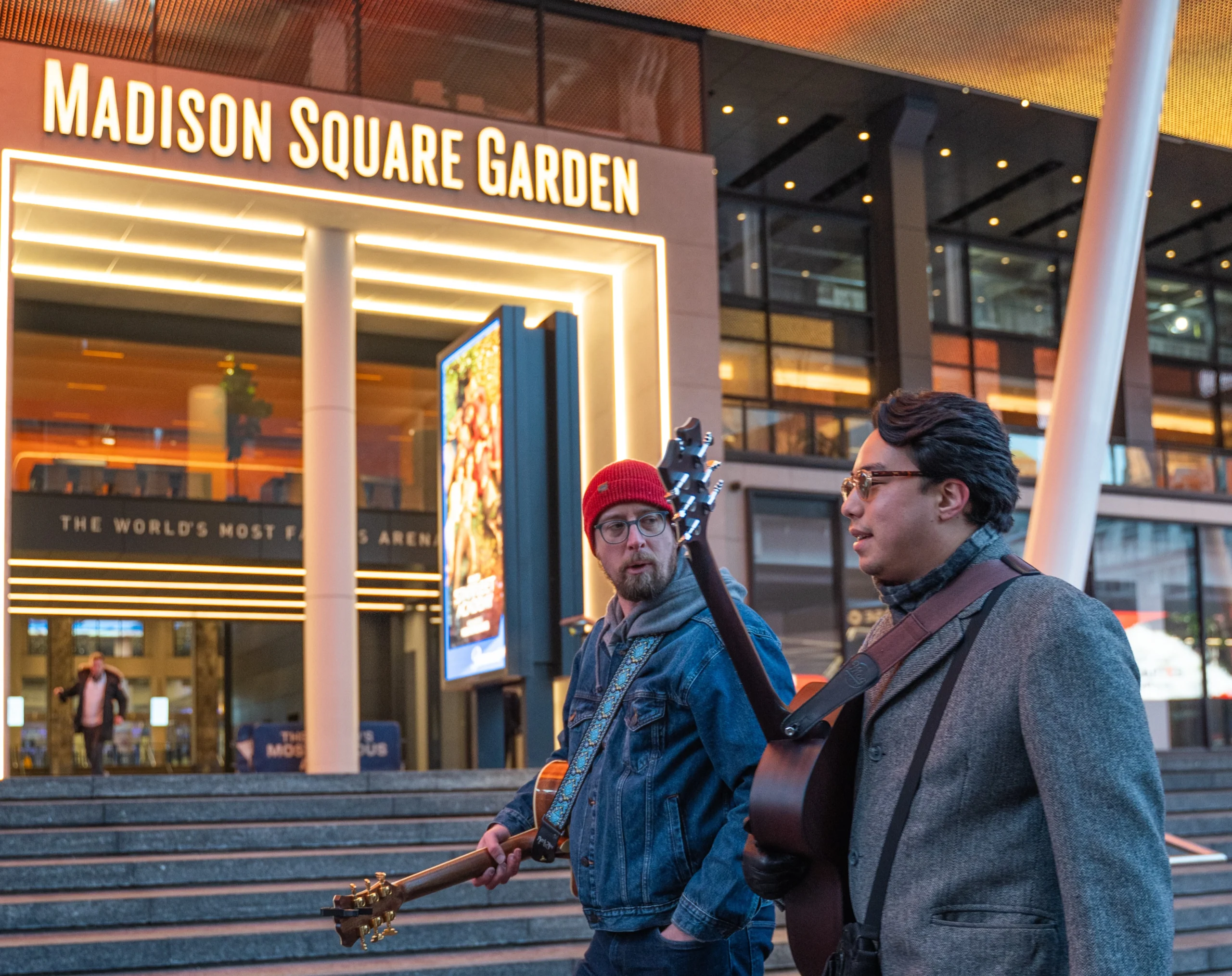 Walking past Madison Square Garden during Guitar Workshop and Busking Experience in NYC