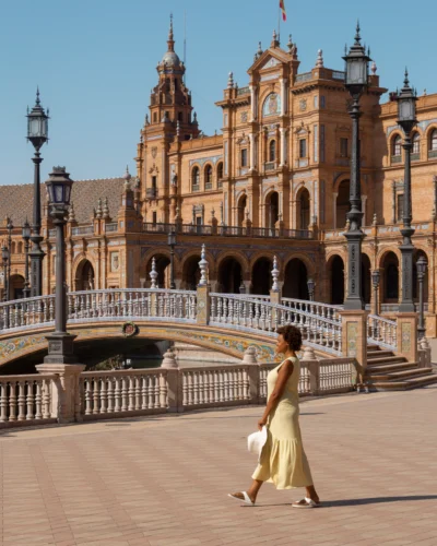 woman in plaza españa, sevilla. girl wearing a yellow dress and white hat