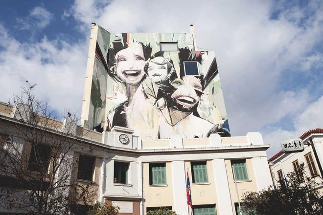 Abstract art mural on top of building in Athens Greece