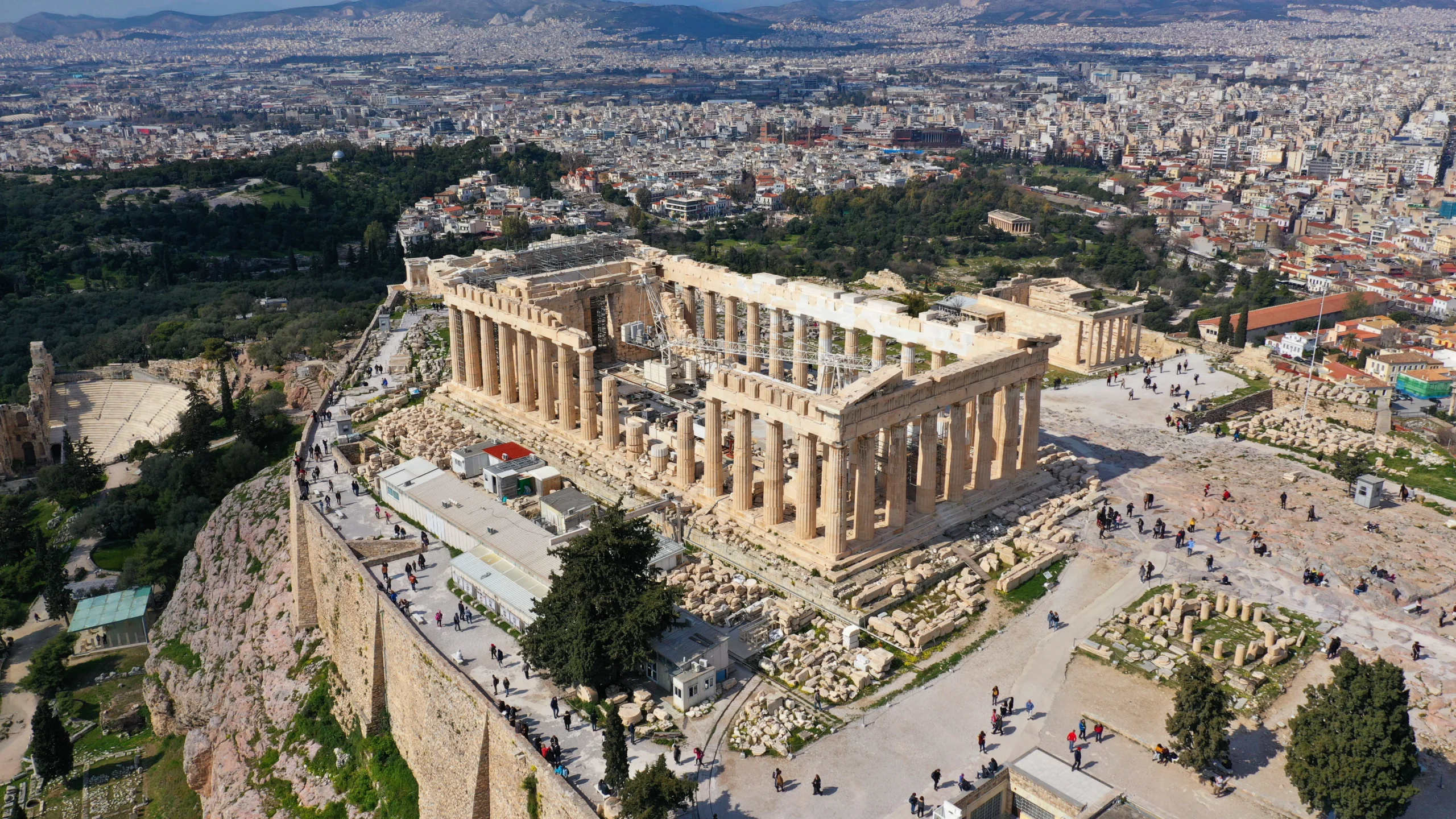 Aerial drone bird_s eye view photo of iconic Acropolis hill and the Parthenon a masterpiece of Ancient world
