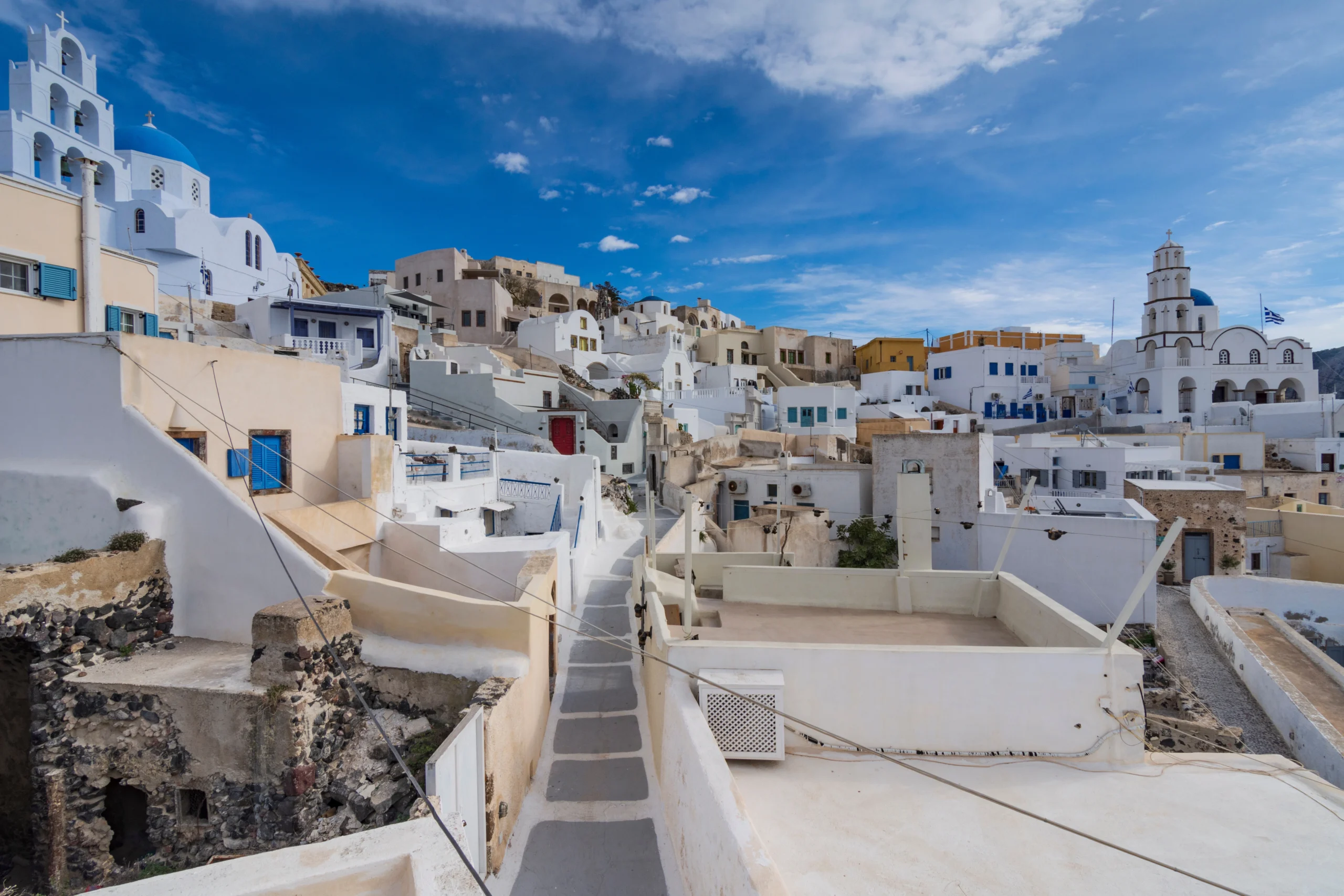 Aerial view of Pyrgos village in Santorini