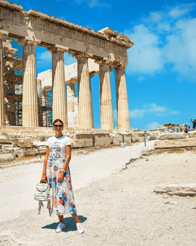 Ancient temple Parthenon in Acropolis Athens Greece and portrait of young woman during Ancient Athens premium experience