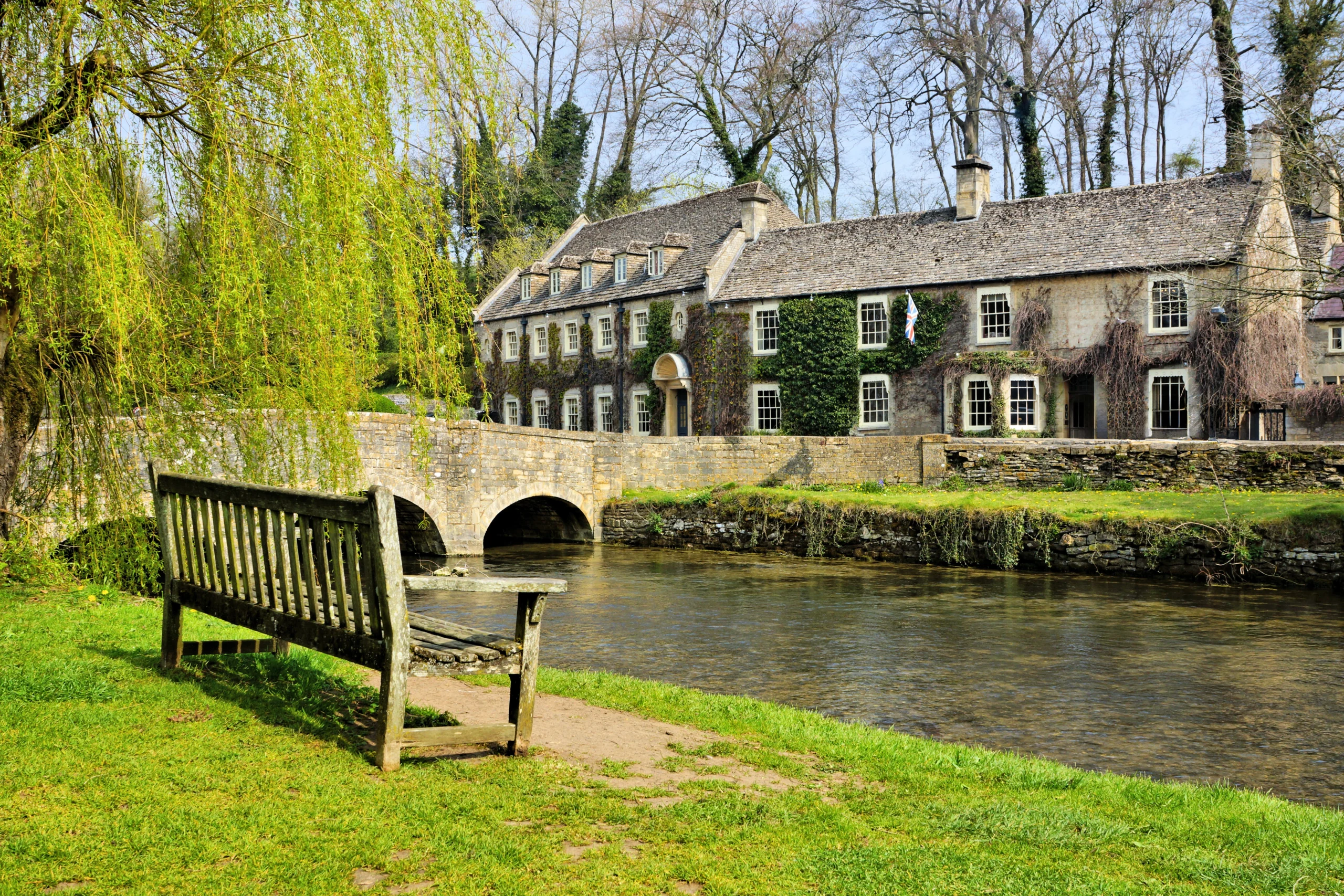 Bench overlooking the cottages of Bibury
