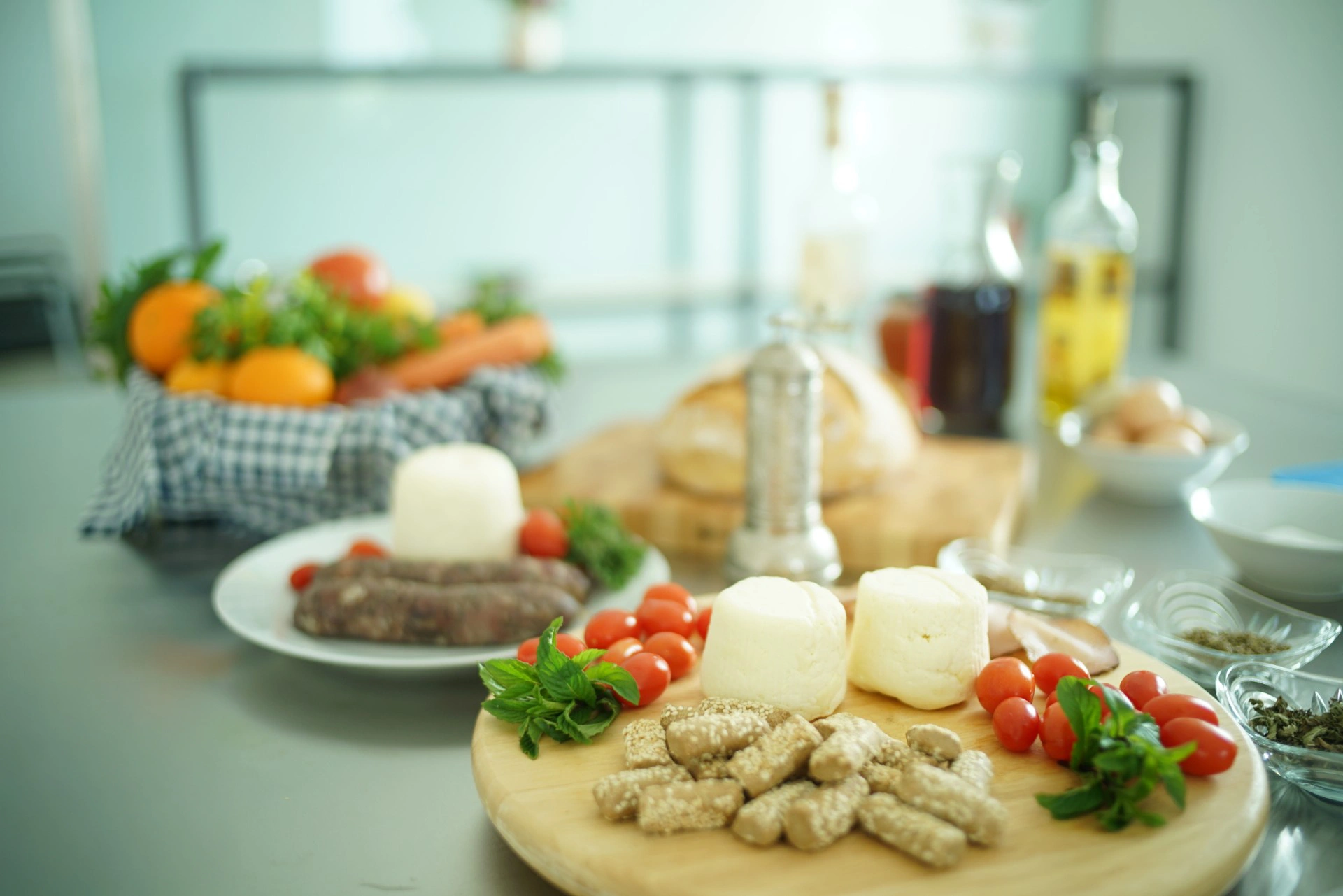 Close up of goods served on kitchen counter