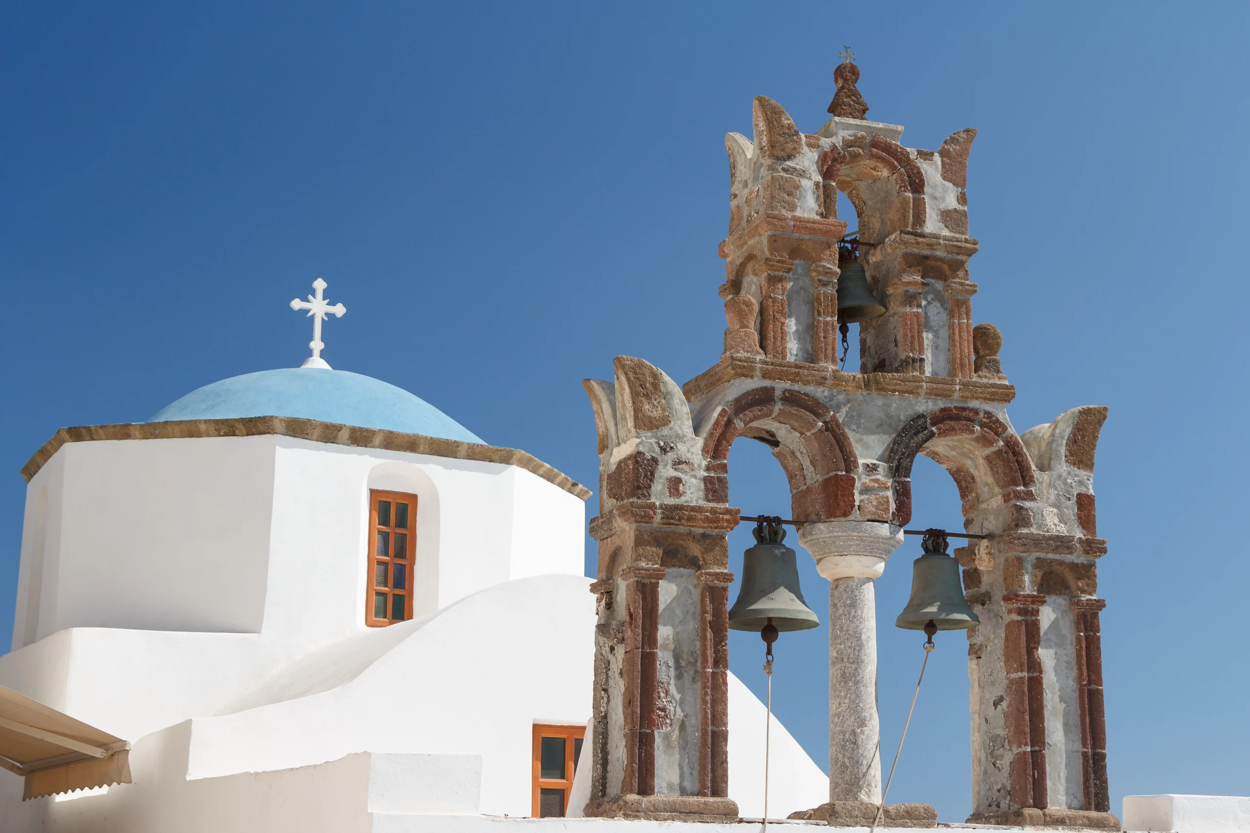 Close up of traditional church in Pyrgos village during premium Wine Tasting experience in Santorini