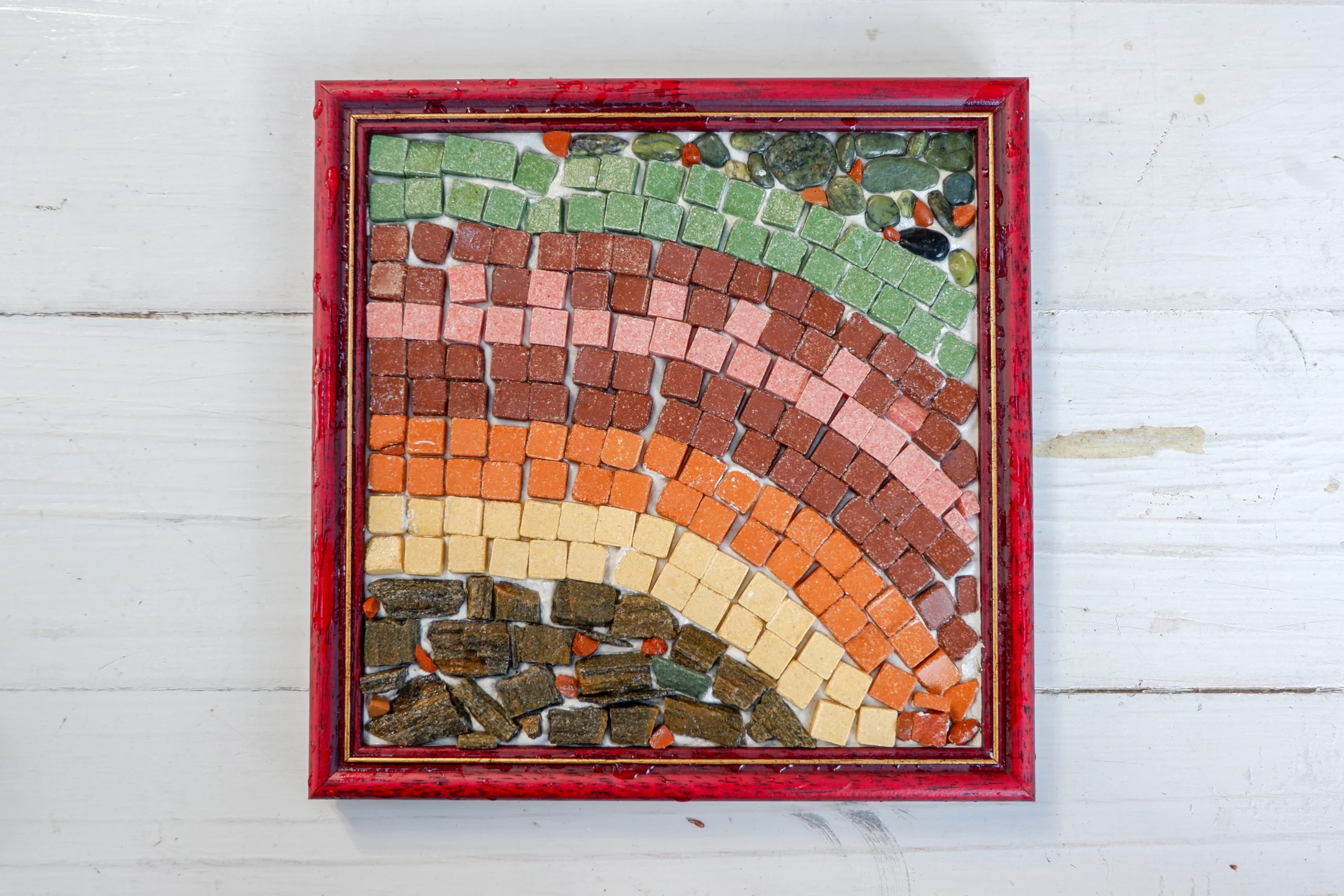 Colorful mosaic tile piece completed during Mosaic Workshop with Cycladic Artist in Mykonos