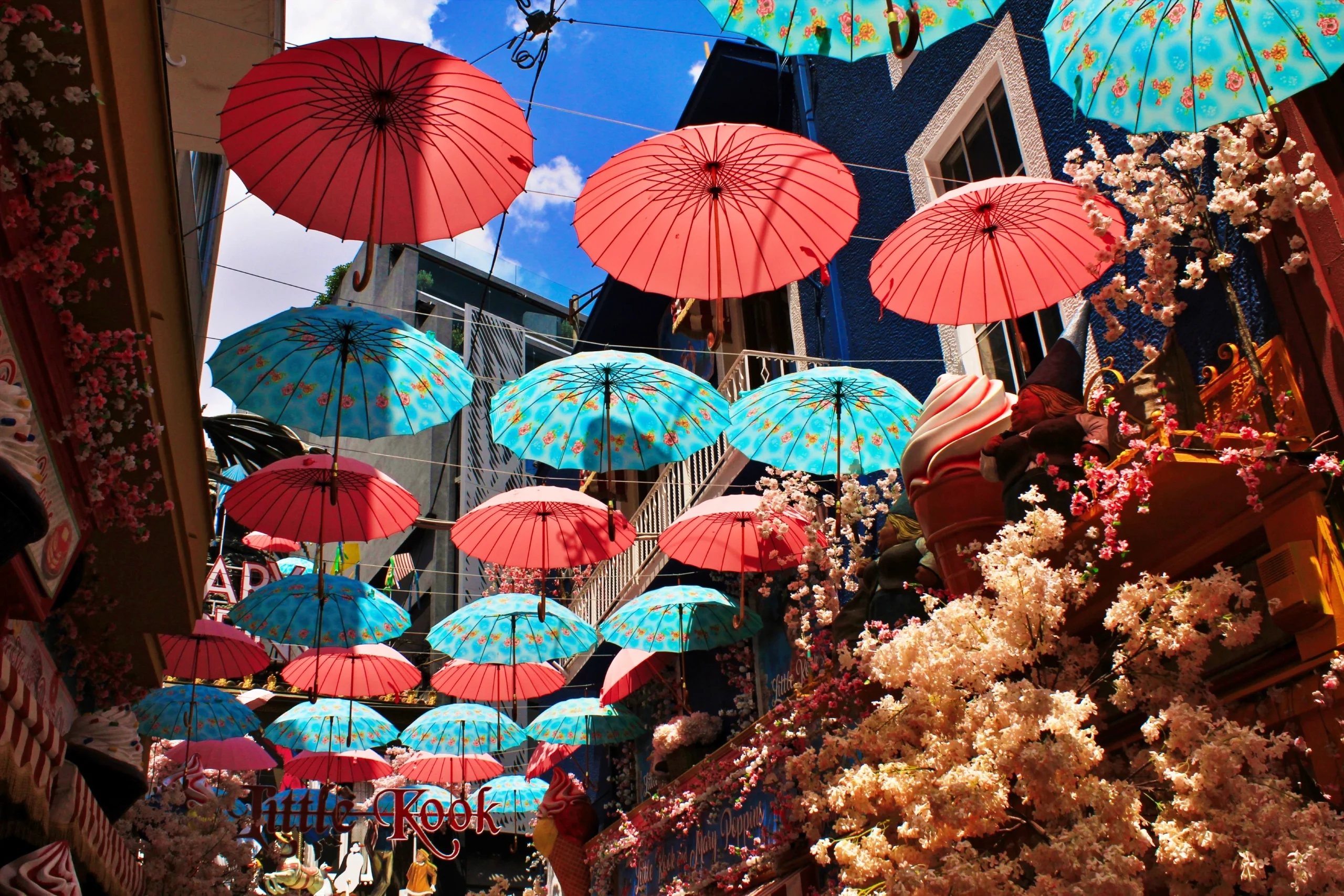 Decorative umbrellas around a fairytale-inspired cafe at Psiri neighbourhood in Athens