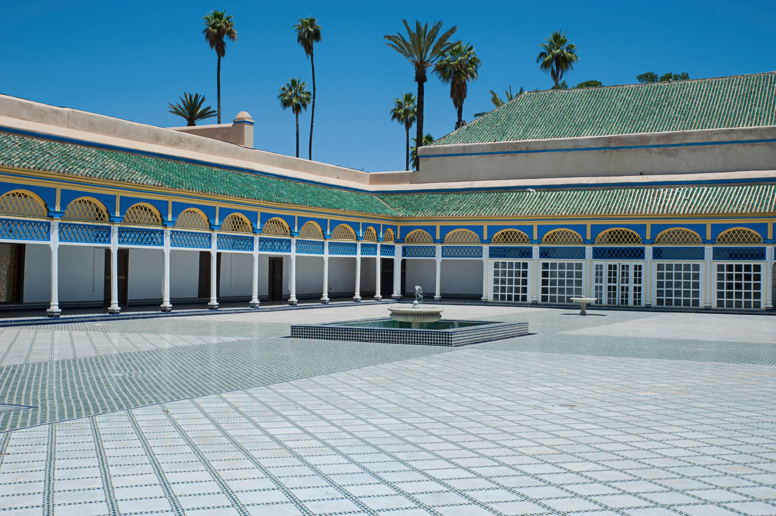 Grand back courtyard of Bahia Palace with white Carrara marble floors