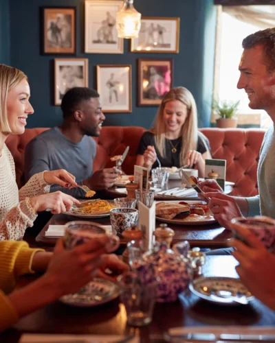 Group Of People Eating In Restaurant Of Busy Traditional English Pub