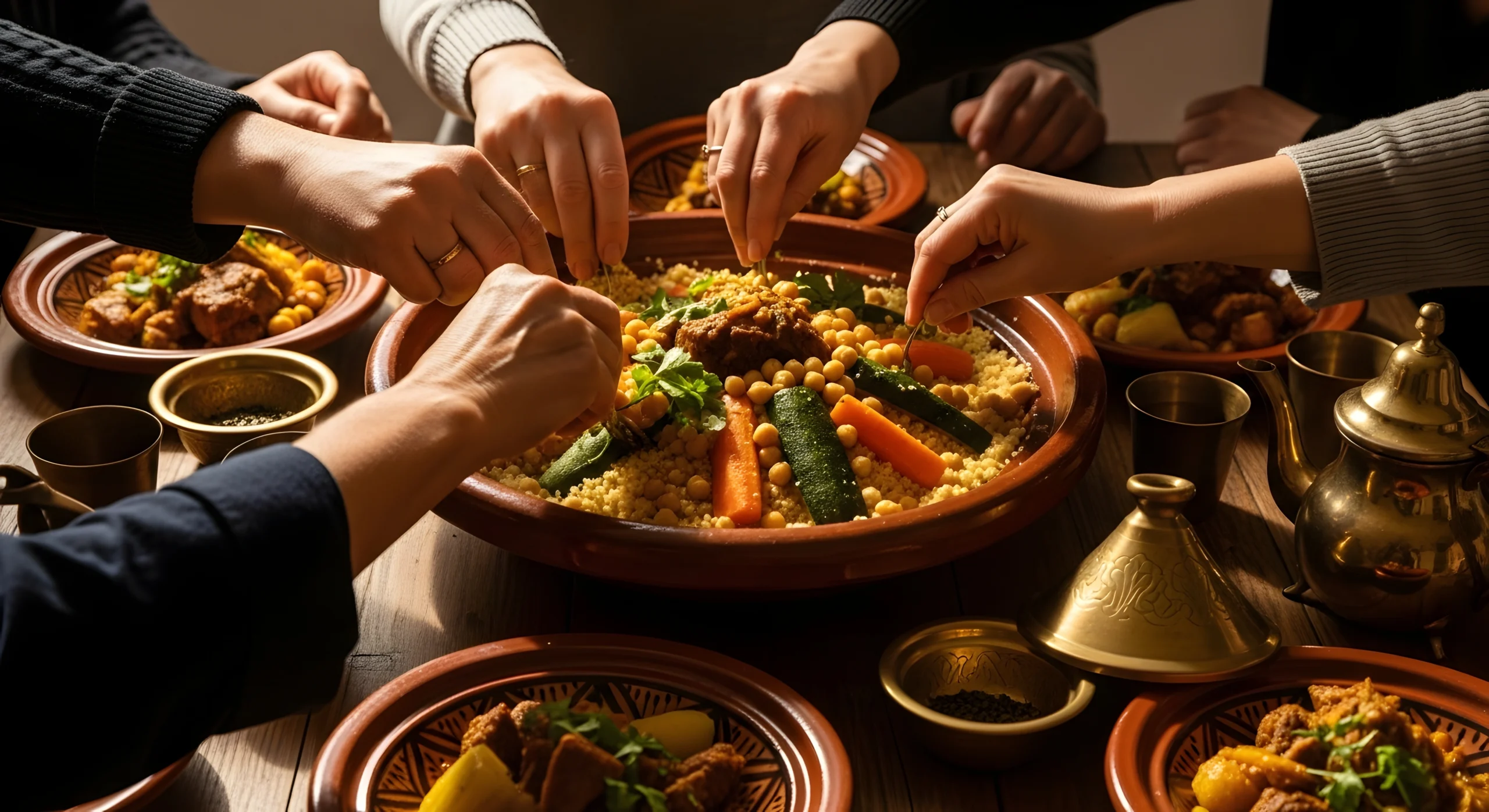 Hands sharing traditional couscous from communal bowl during Moroccan Family Kitchen experience in Marrakech