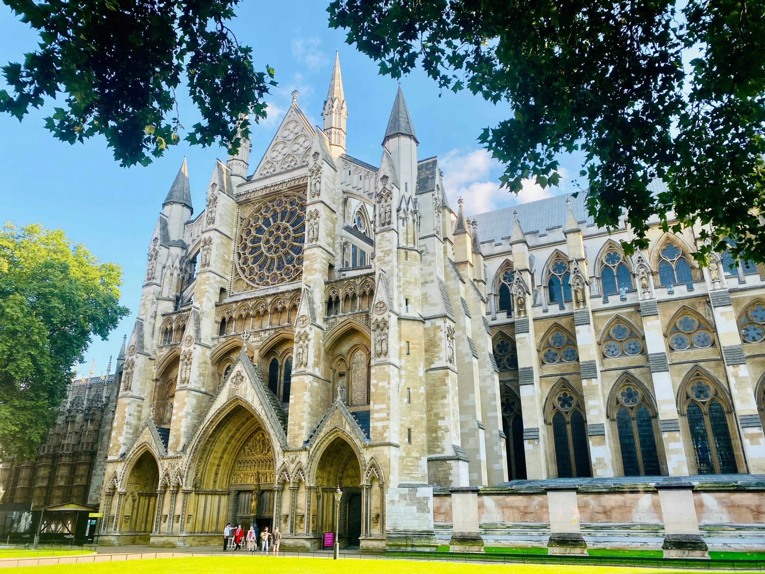 Low shot of Westminster Abbey on a sunny day in London, UK