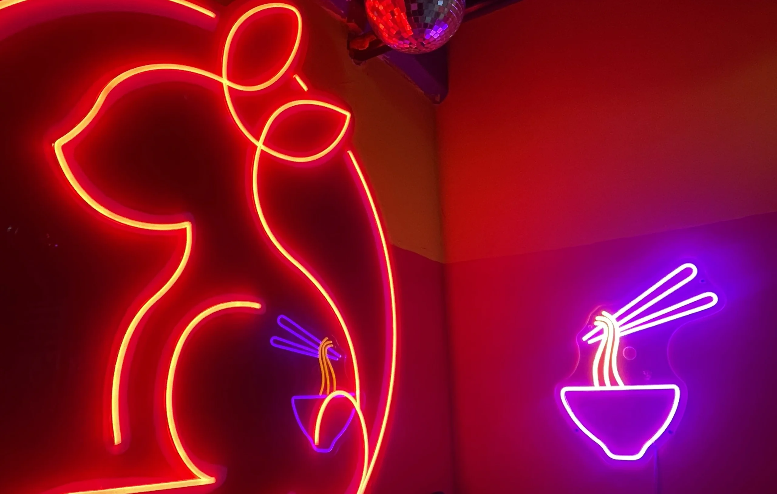 Neon rabbit and noodle interior at Lucky Rabbit Noodles in Brooklyn