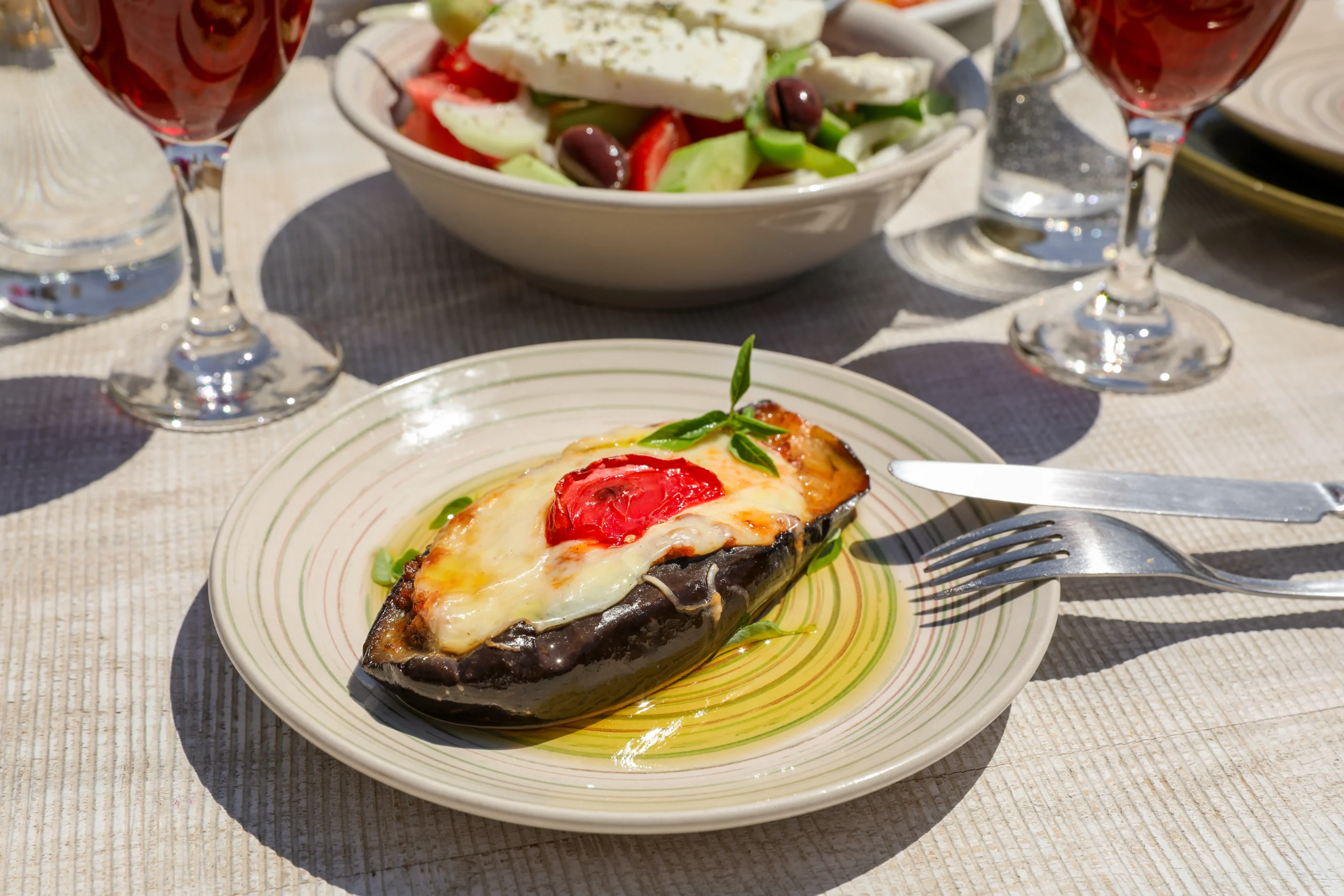 Papoutsakia stuffed eggplants dish of greek cuisine.