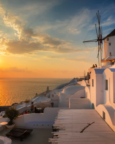 Santorini greece famous Oia in sunset time golden hour