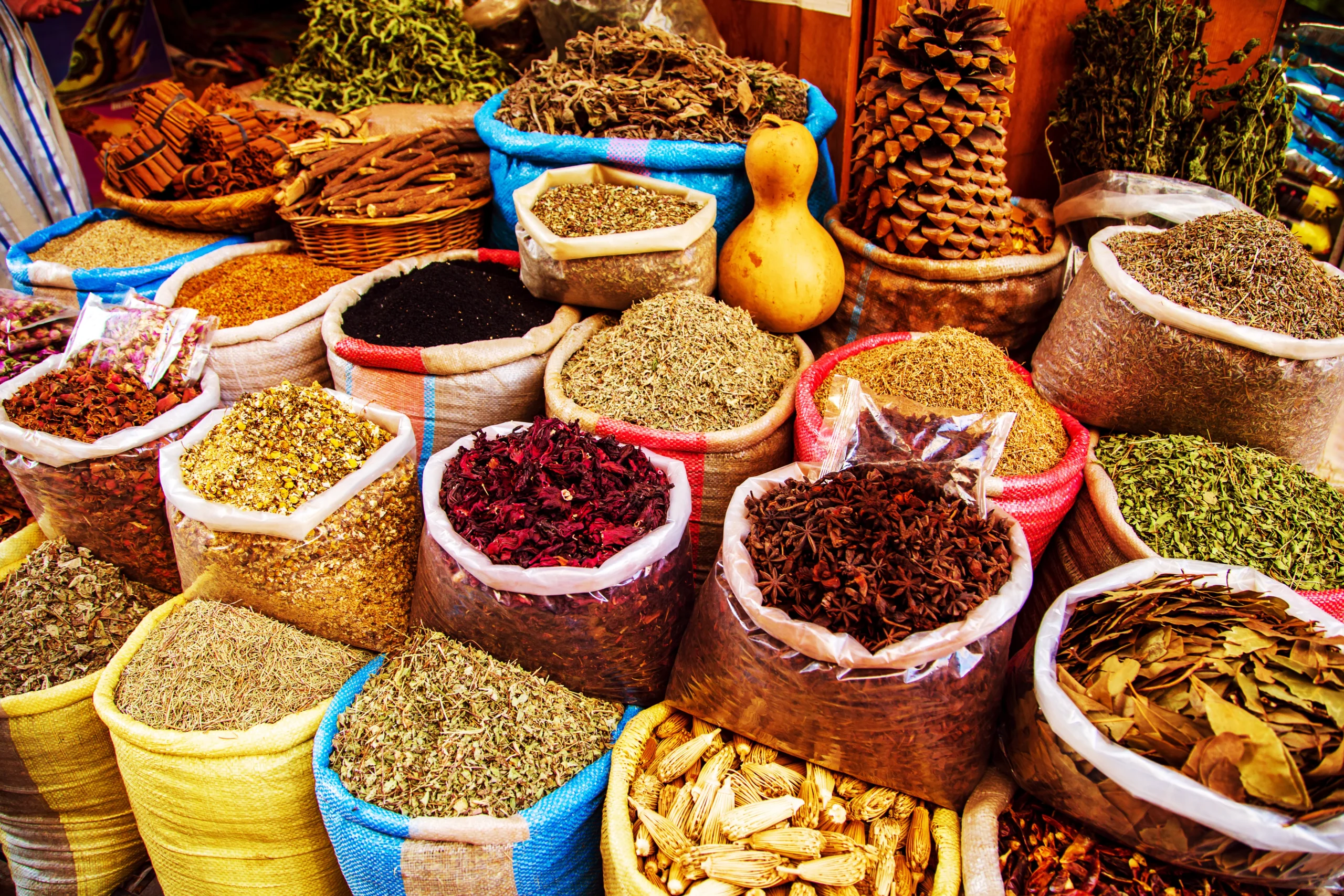 Traditional spices and herbs on a market in Morocco
