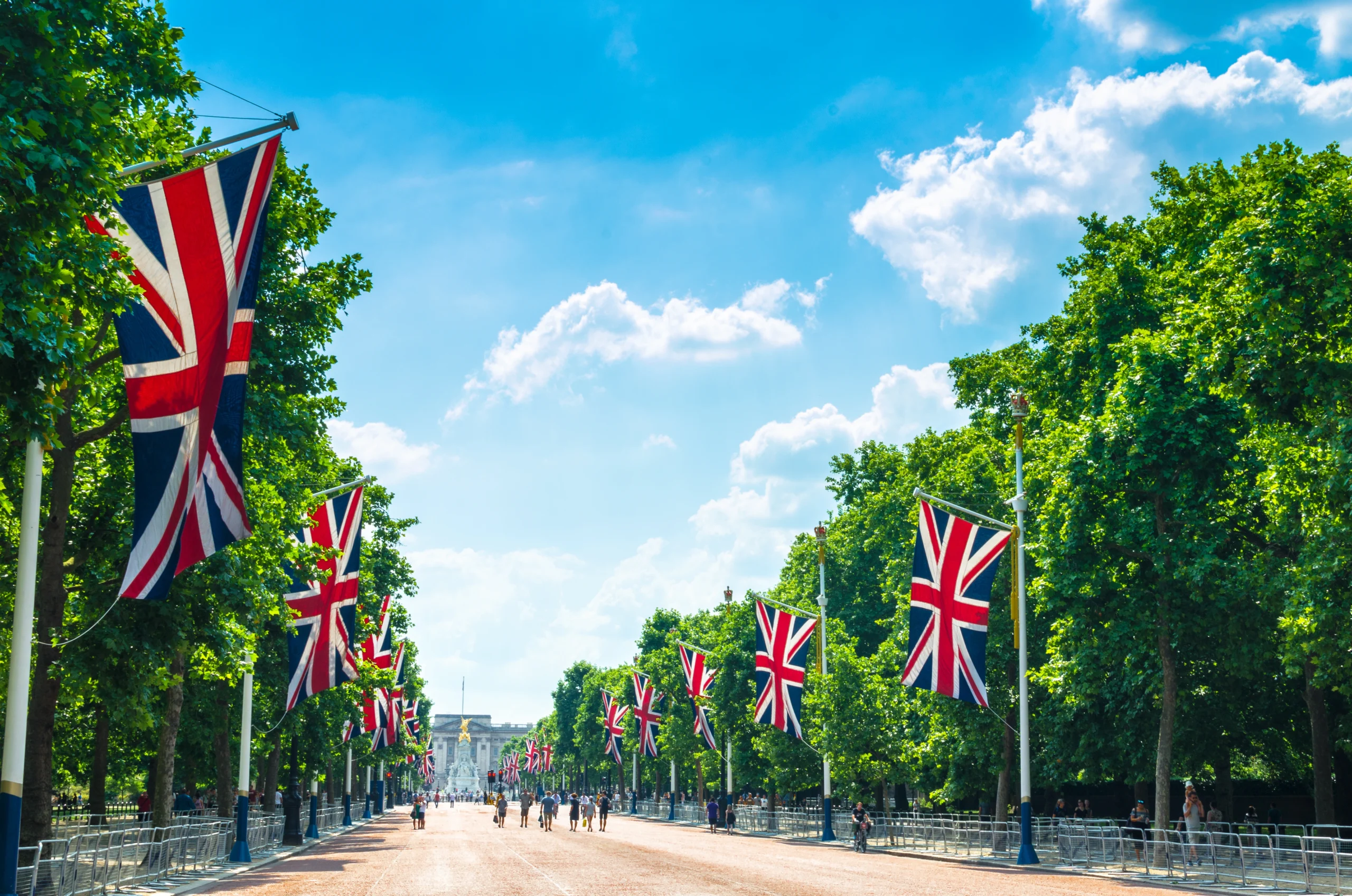 Walking toward Buckingham Palace with UK flags