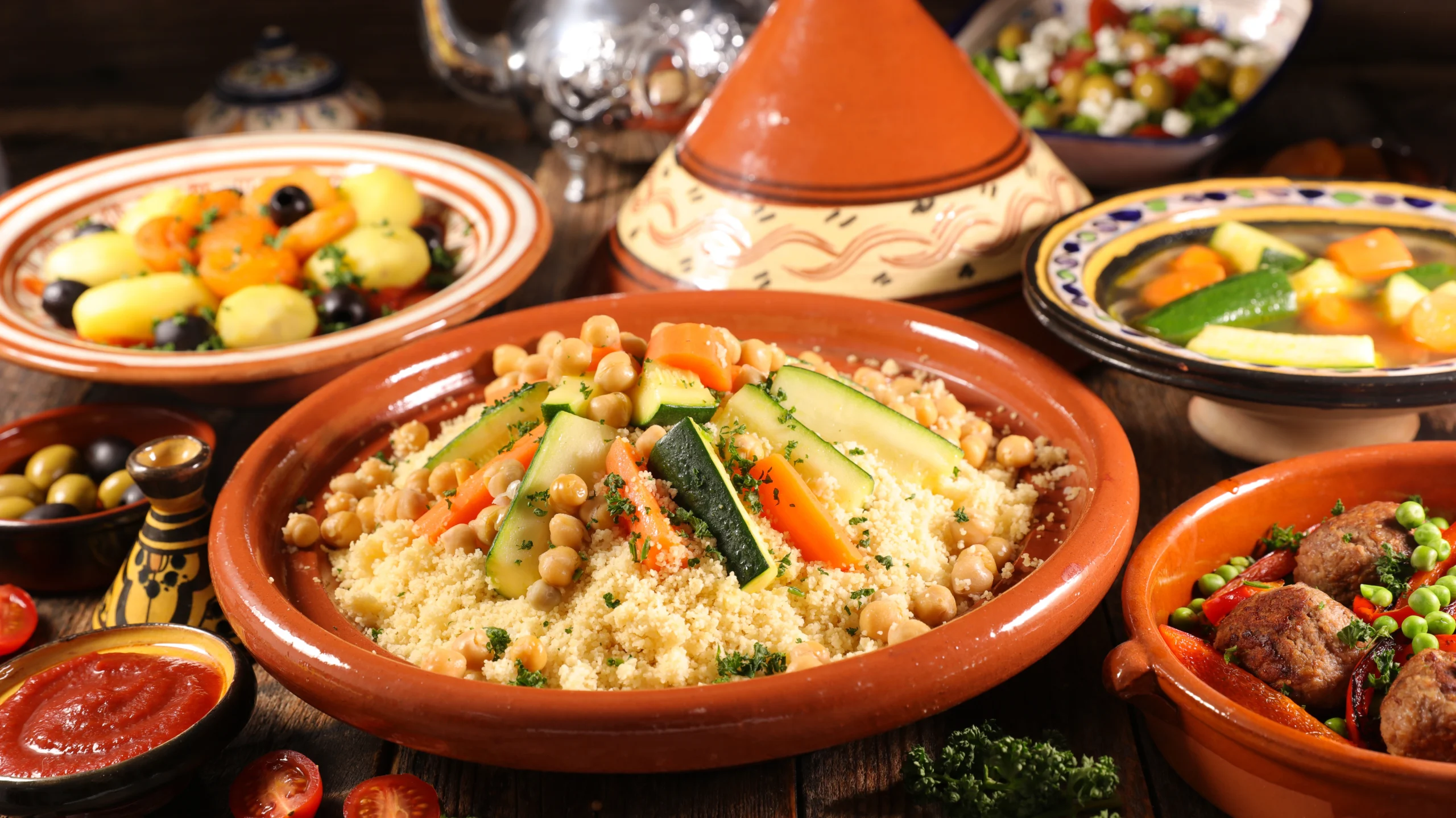 assorted of traditional moroccan tajine with dried fruits and spices