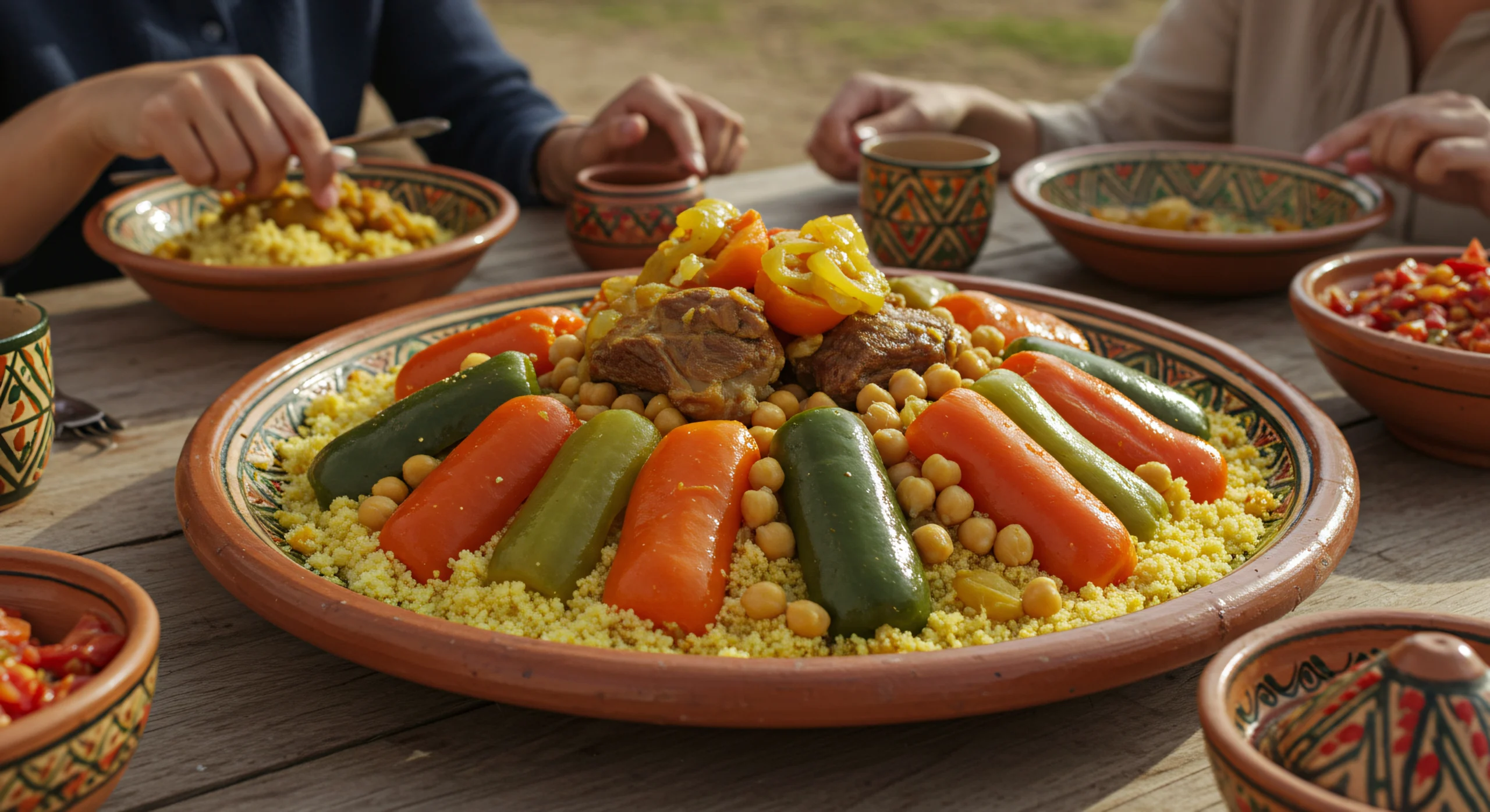group of people sharing a large, authentic platter of traditional couscous with meat and vegetables