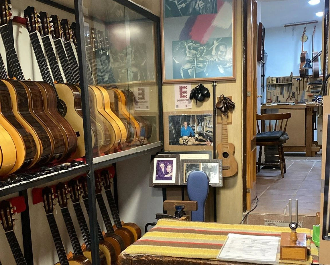 View of guitars in Guitarreria during private Spanish guitar artisan experience
