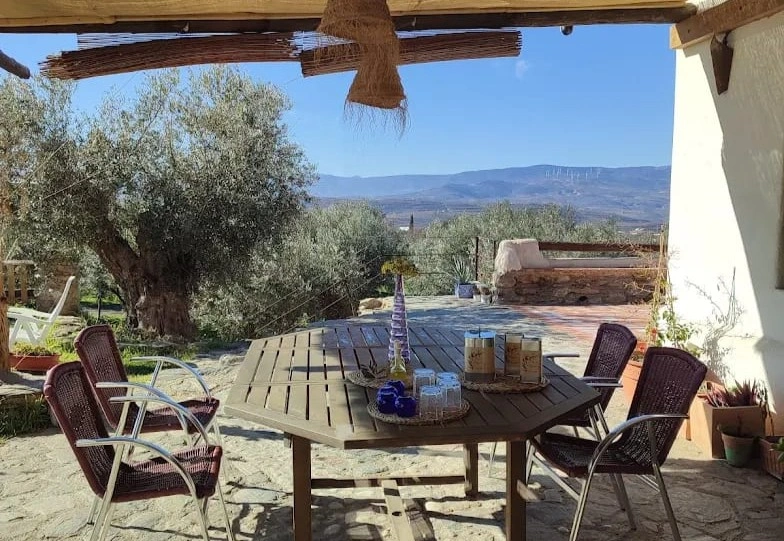 View of table and mountainside in the ditance